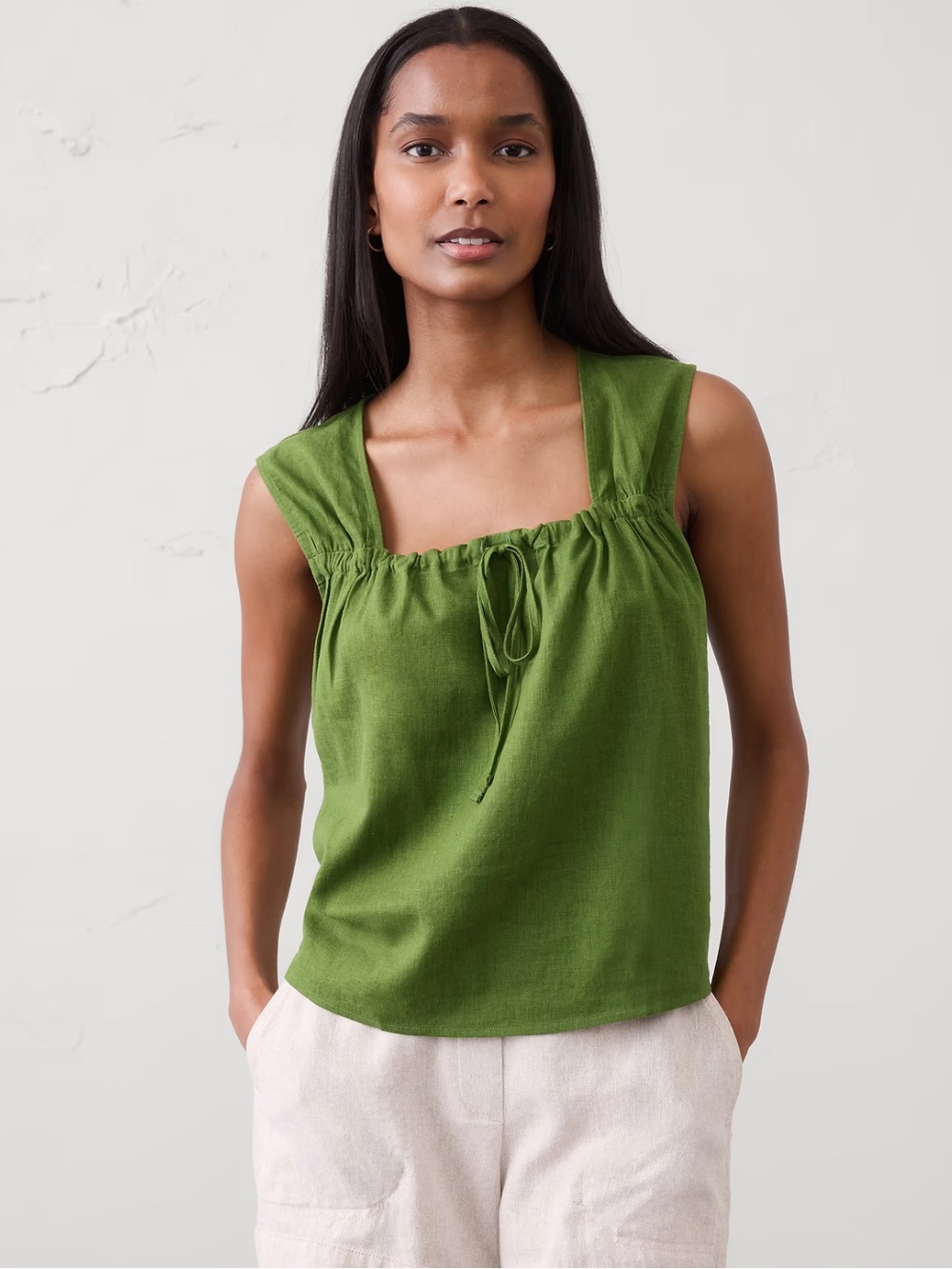 Banana Republic Factory Linen-Blend Popover Top - Cactus Green
